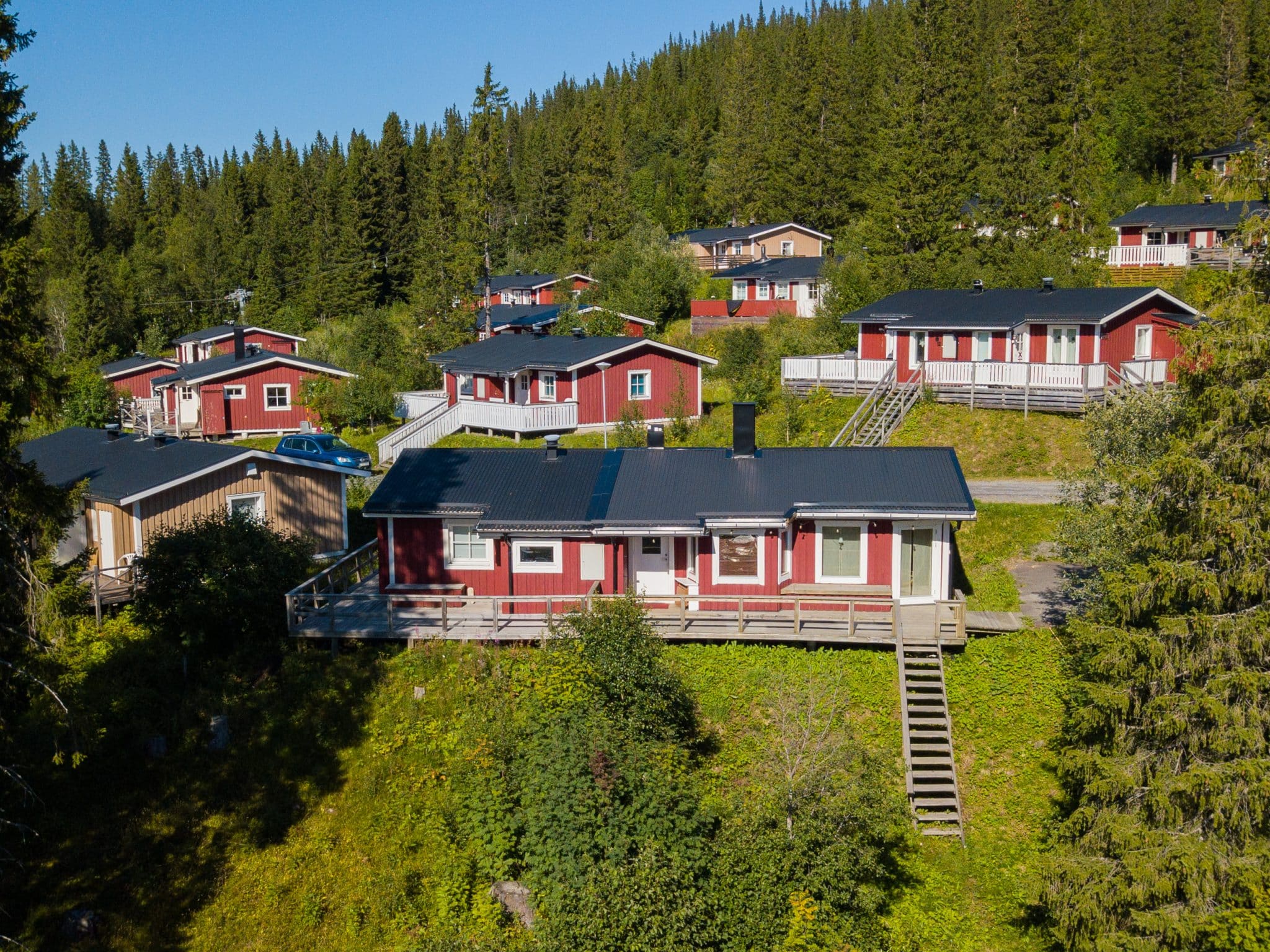 Green mountain slope with about 10 red single-storey semi-detached houses with white knots and balconies surrounded by fir forest